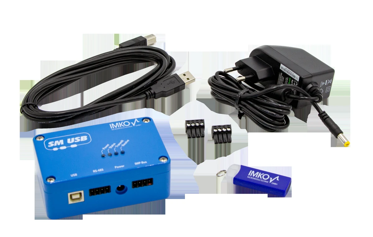 SM-USB kit: converter module, USB cable, power supply, two screw terminal blocks and software USB stick